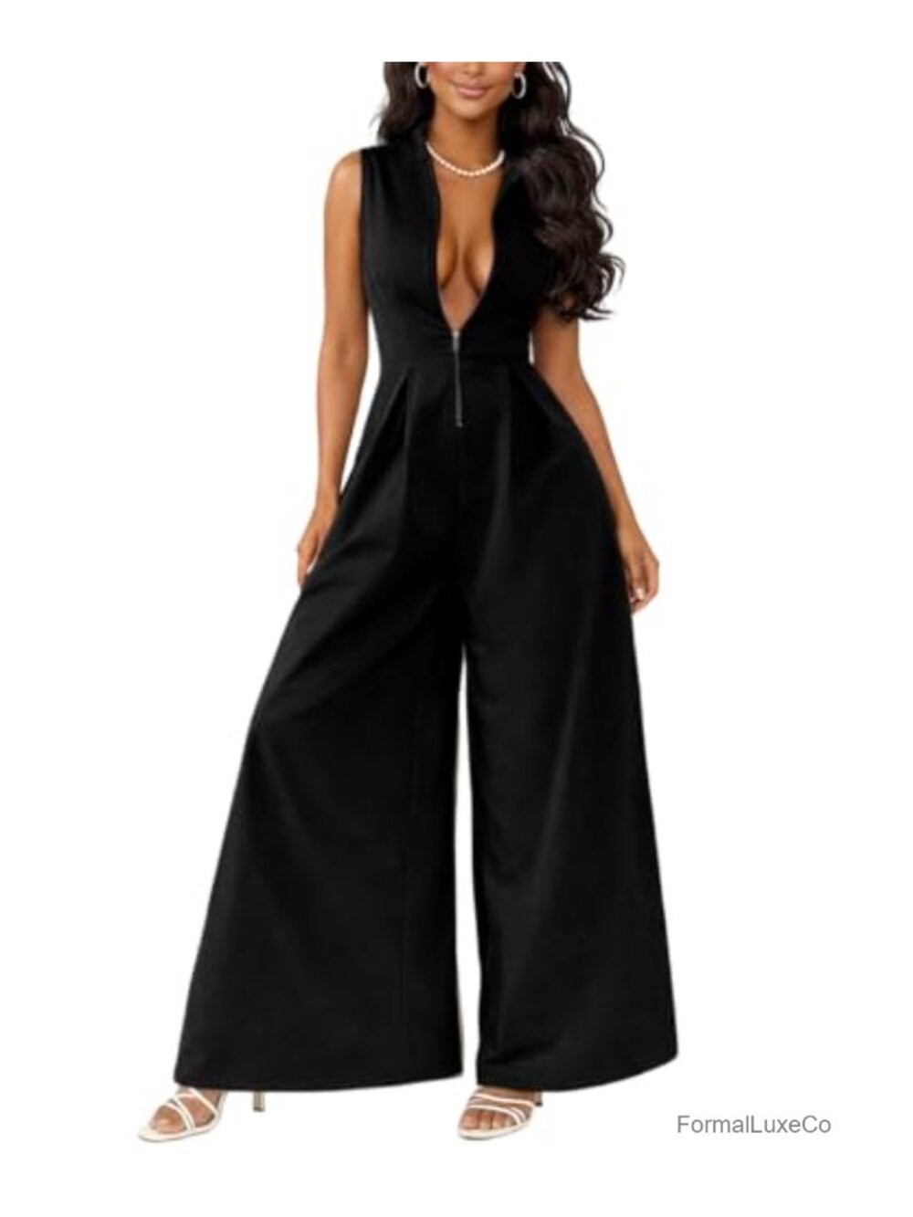 Women's Formal Wide Leg Jumpsuit Sleeveless V-Neck Dressy Romper
